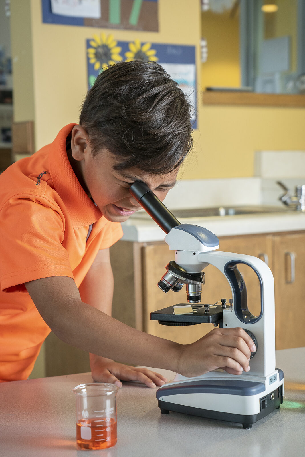 A student using a microscope in a school science lab